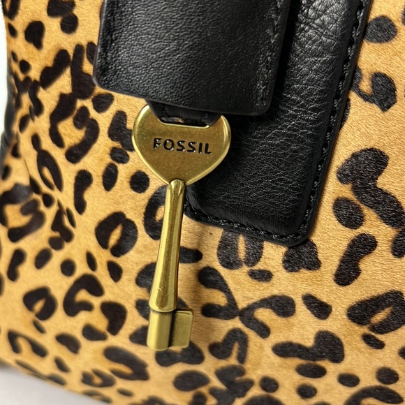 Fossil Black Leather Leopard Cheetah Print Handbag Satchel - Picture 10 of 16